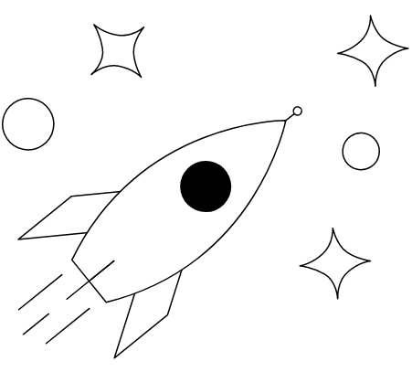 Schwarz-weiße Zeichnung einer Rakete im Weltraum mit Sternen und Planeten.