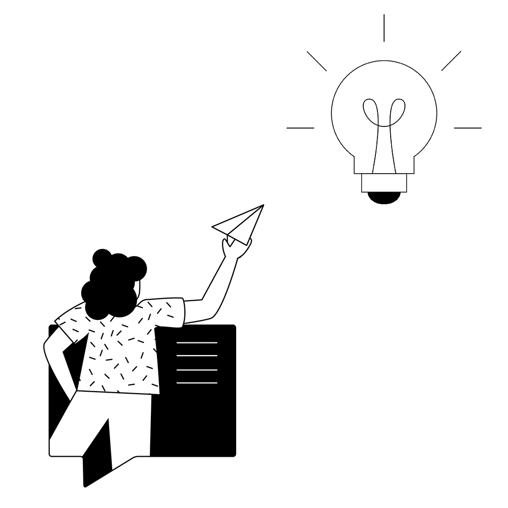 Illustration: Person wirft Papierflieger, Glühbirne leuchtet über dem Kopf.