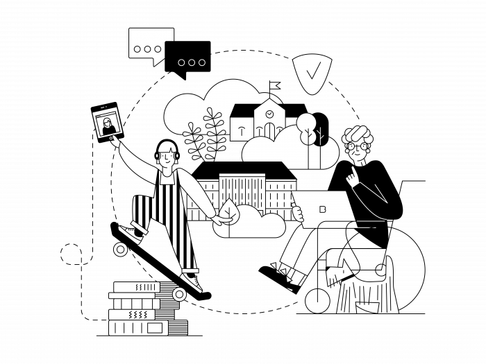 Smart-City-Zeichnung mit Infrastruktur und Personen.