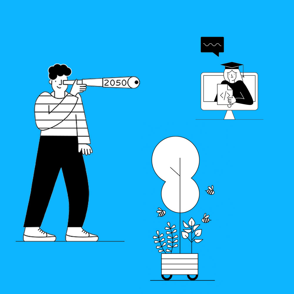 Szenen aus digitalem Austausch – schwarz-weiß mit blauen Elementen.