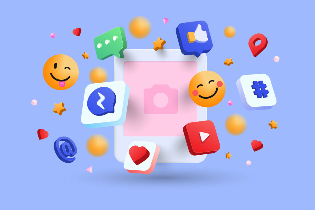 Schwebende Social-Media-Icons und Emojis auf pink-blauem Hintergrund.