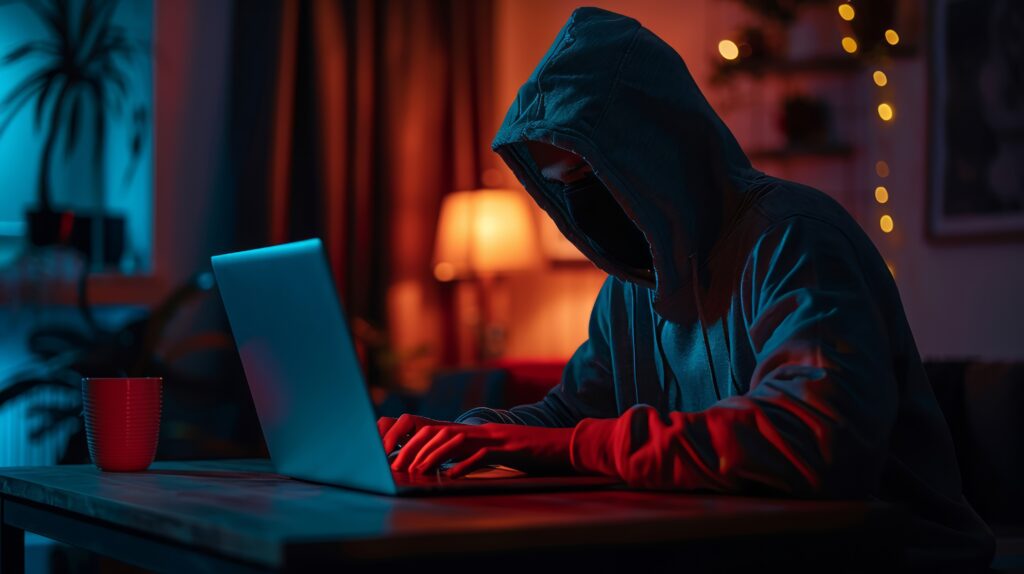 Person mit Kapuze am Laptop in dunklem Licht – Symbolbild Cyberkriminalität.