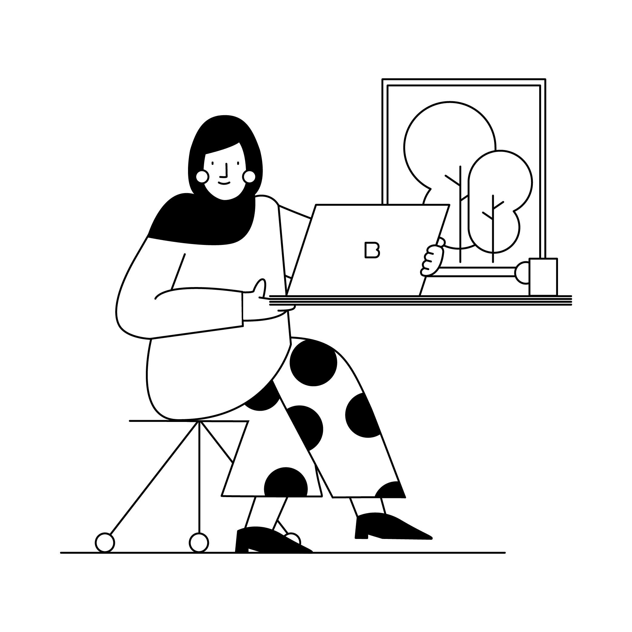 Illustration einer Frau mit Laptop am Schreibtisch – Homeoffice oder digitales Arbeiten.