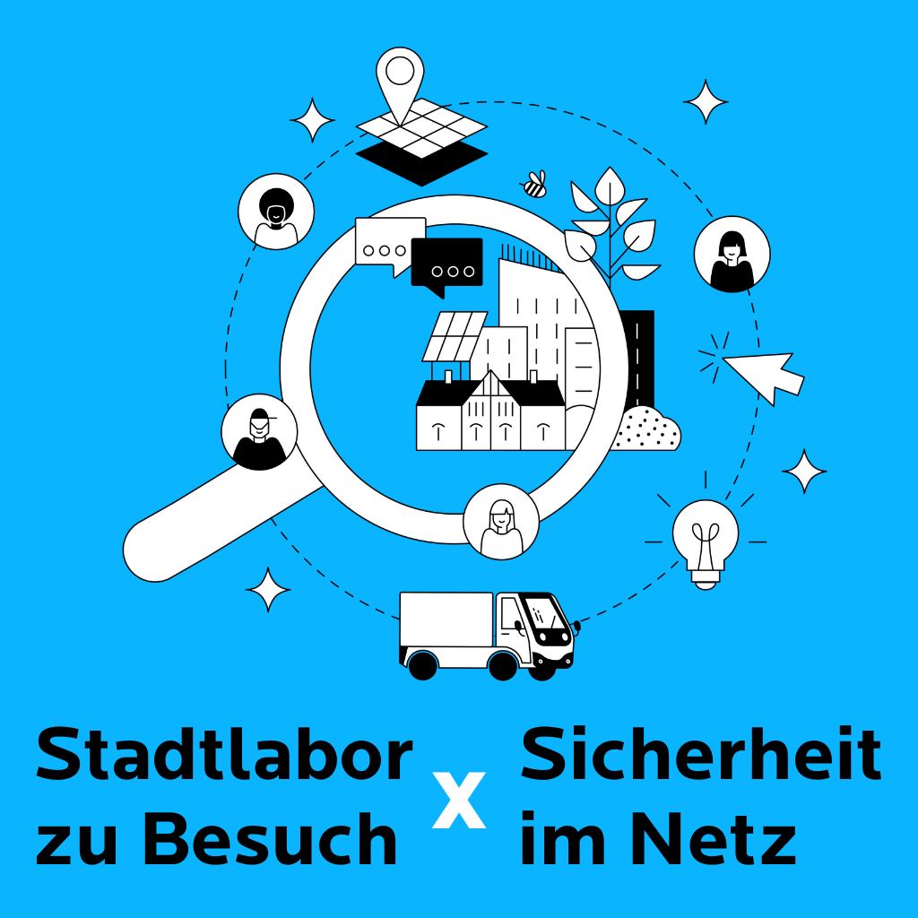 Farbige Illustration einer vernetzten Stadt mit dem Text „Stadtlabor zu Besuch × Sicherheit im Netz“.