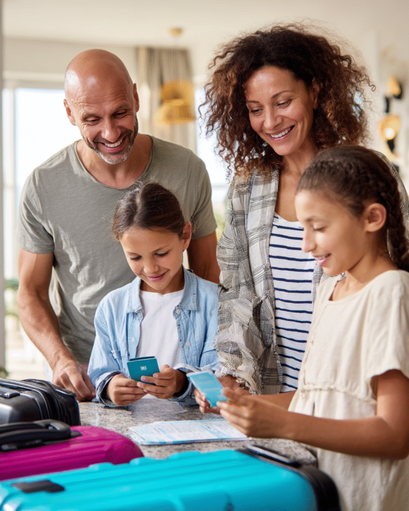 Familie mit Tablet – Eltern spielen mit zwei Kindern